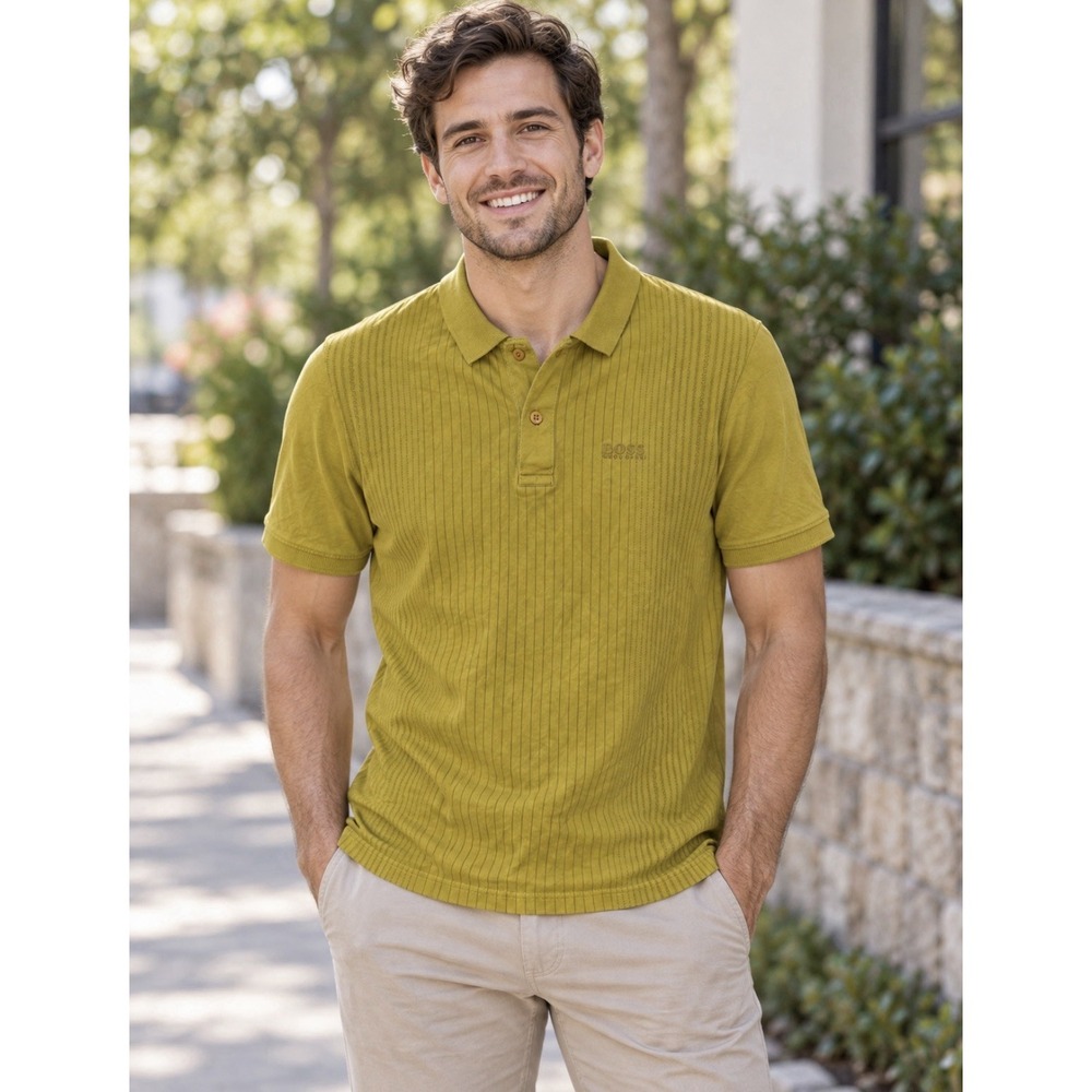 Vtg Boss Hugo Boss Mens Polo Shirt Size L Chartreuse Short sleeve Logo On Chest